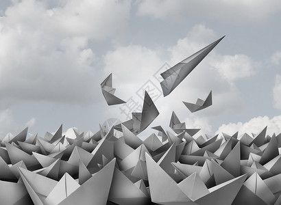逃逸创新机会架纸飞机群折纸船中脱颖而出,商业成功的隐喻,战略上的变化演变,以3D插图风格取得成功背景