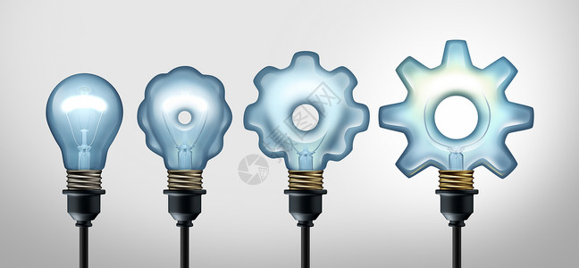 商业发展理念发展行业成功,创造的发明,灯泡,发展齿轮形状三维插图背景图片