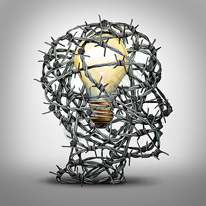 主意成形的保护您的想法,商业思维,铁丝网,形状为人头,个照明灯泡,安全商标版权保护隐喻与3D插图元素背景