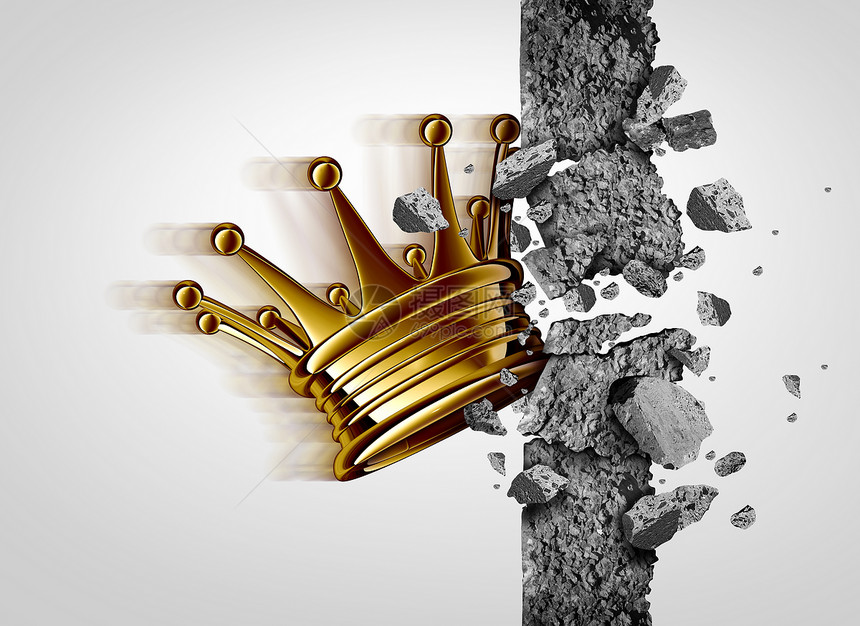 突破领导商业个国王皇冠突破水泥墙个成功强大的领导者隐喻与三维插图元素图片