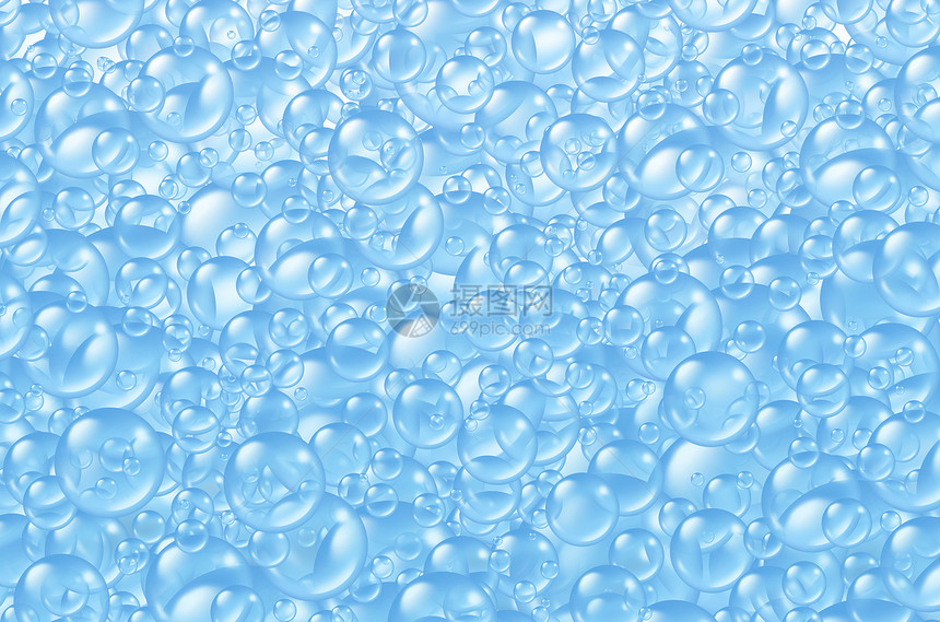 气泡背景与透明浴皂肥皂泡沫球许多圆形大小浮动干净的蓝色象征的洗涤浴缸新鲜三维插图风格图片