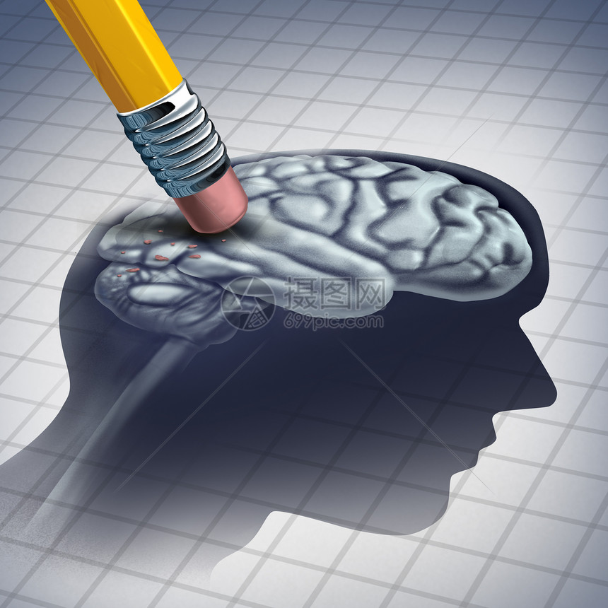 痴呆病疾病大脑功能记忆的丧失,老痴呆症的医疗保健图标的神经学精神问题与铅笔擦除头部解剖与三维插图元素图片