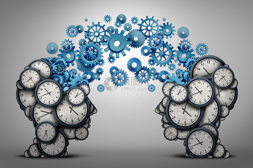 商业时间规划伙伴关系,两个人的头部,由时钟齿轮齿轮物体连接,会议时间表符号三维插图图片