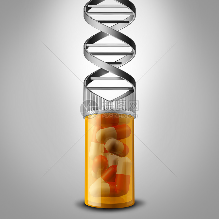基因医学与处方药瓶形状为DNA双螺旋基因治疗染色体科学符号基因生物技术治疗三维插图图片