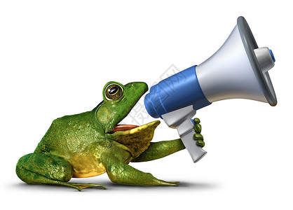 拟人青蛙青蛙播音员名绿色两栖动物,手持扩音器扩音器喊着条信息,促销广告营销符号,带3D插图元素背景