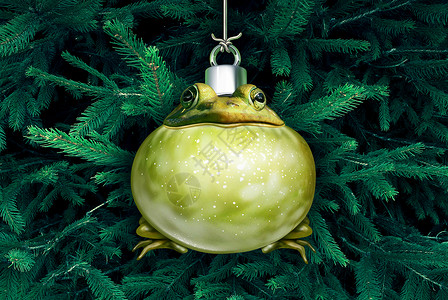 诞青蛙趣的节日装饰挂棵带3D插图元素的节日松树上高清图片