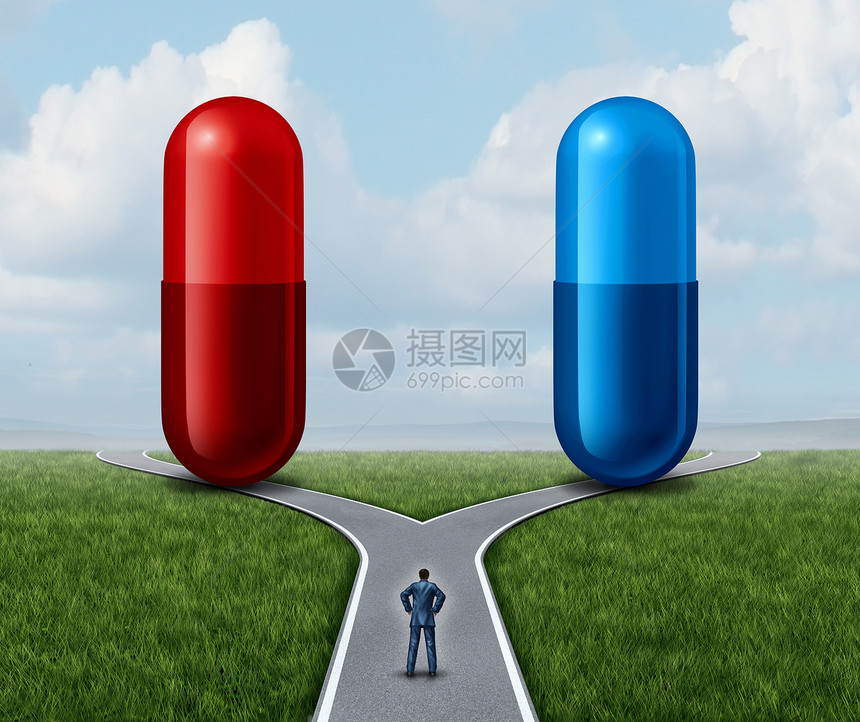 红色蓝色药丸的选择个人个十字路口看药物胶囊个符号,选择真理幻觉知识无知药物治疗的选择与三维渲染图片