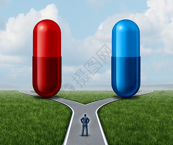 药丸组成的十字红色蓝色药丸的选择个人个十字路口看药物胶囊个符号,选择真理幻觉知识无知药物治疗的选择与三维渲染背景