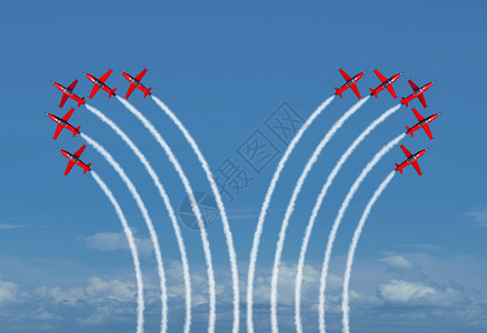 分裂的群体商业隐喻的分歧分离方式,两喷气式飞机弯曲远离EAH队个3D渲染背景图片