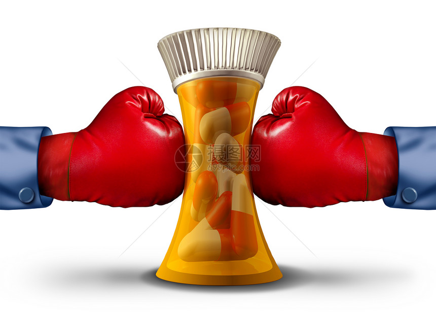药物压力隐形保险压力的,如拳击手套挤压处方药瓶维生素容器与三维渲染元素图片