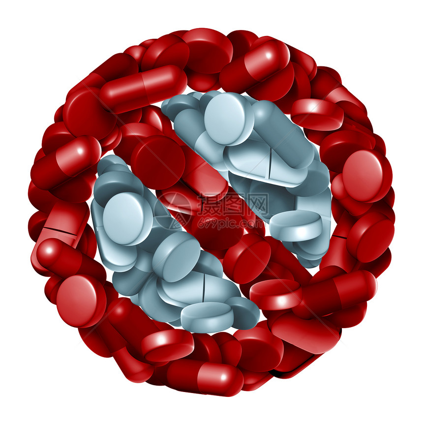 处方药禁止停止药物符号停止符号制成的药丸片剂胶囊药物禁止三维渲染图片