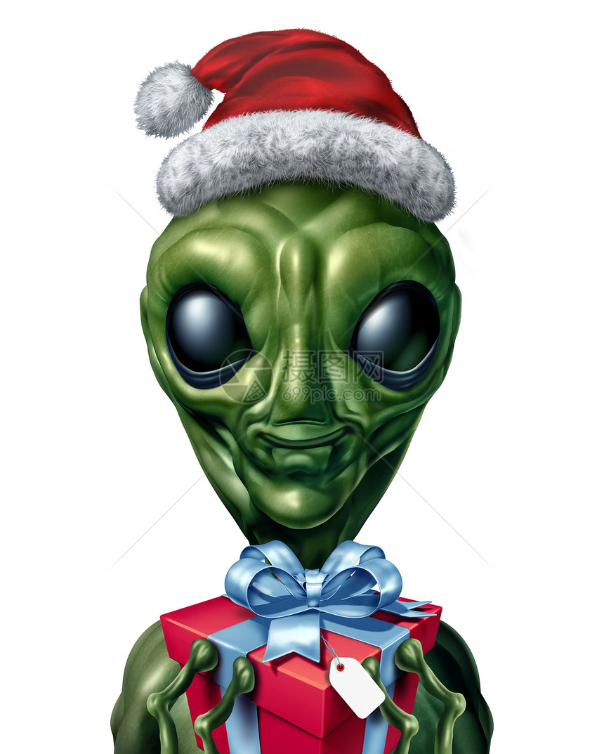 UFO外星人诞假期角色外星礼物送礼者个生物冬季新个三维插图图片