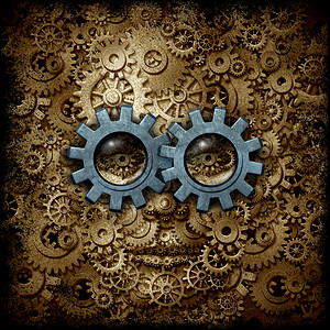 大数据分发时代蒸汽朋克蒸汽朋克科幻科幻科幻小说的人头,由齿轮齿轮机械车轮商业心理学的隐喻三维插图,背景