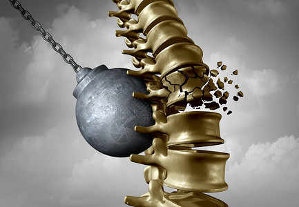 巴赫切脊柱疼痛脊柱疼痛巴赫奇医疗疾病的象征,个破坏球击中个人的骨骼,个背部医学图标个三维插图背景