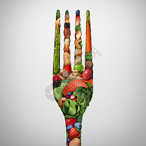 吃健康食品象征坚果,豆类,蔬菜,水果,鱼,形状像餐叉,健康营养新鲜市场,生产中期与3D插图元素背景图片