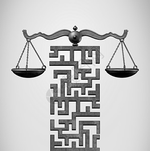 规划成形的正义解决方案法律方向个正义尺度,形状为迷宫迷宫三维插图背景