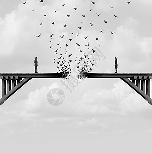 离婚分离夫妇座破碎的衰落桥上飞走,个分裂的关系与三维插图元素图片