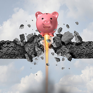 小猪猪采花贼金融实力经济自由银行种储蓄罐爆破水泥障碍银行储蓄隐喻与三维插图元素背景