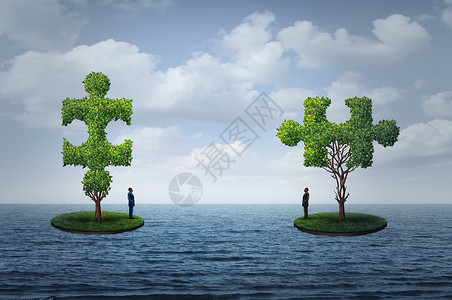 国际贸易挑战全球商业拼图两个人分开的岛屿上,树木形状为拼图与三维插图元素背景图片