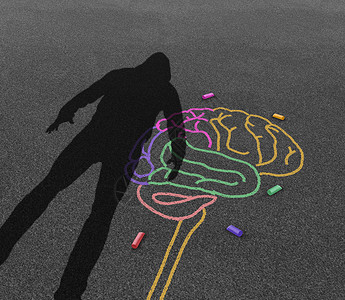 精神疾病行为心理障碍,个麻烦的愤怒的人学生的影子,用粉笔绘制人脑的三维插图风格背景图片