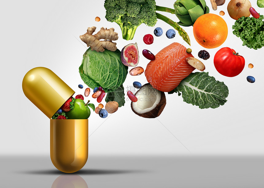 维生素补充剂种胶囊与水果,蔬菜,坚果豆类营养丸种健康治疗与三维插图元素图片