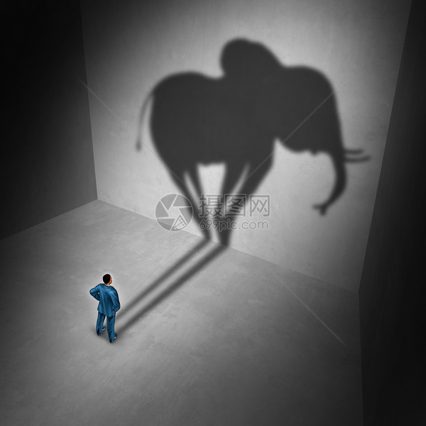 大象房间里成语隐喻问题的,个人铸造个阴影,形状为个巨大的哺乳动物,个心理符号,以3D插图风格图片