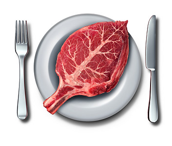 吃机食品古饮食的,种生的红色牛排,形状像片叶子,盘子上叉子刀子,3D插图元素图片