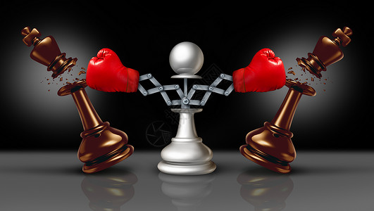 大宗国王淘汰竞争商业敲门打孔符号秘密与国际象棋典当击败竞争手与隐藏的红色拳击手套三维插图背景