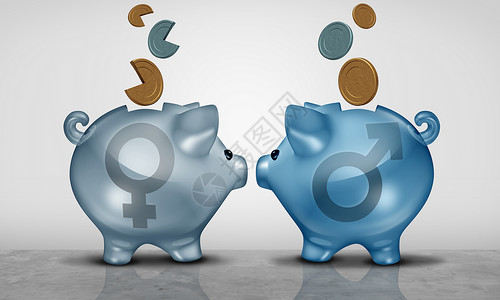 股权转让薪酬公平经济别差距的商业两个储蓄罐象,男女的符号工资平等个三维插图背景