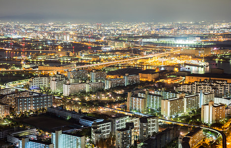 大阪天际线建筑夜间,日本图片