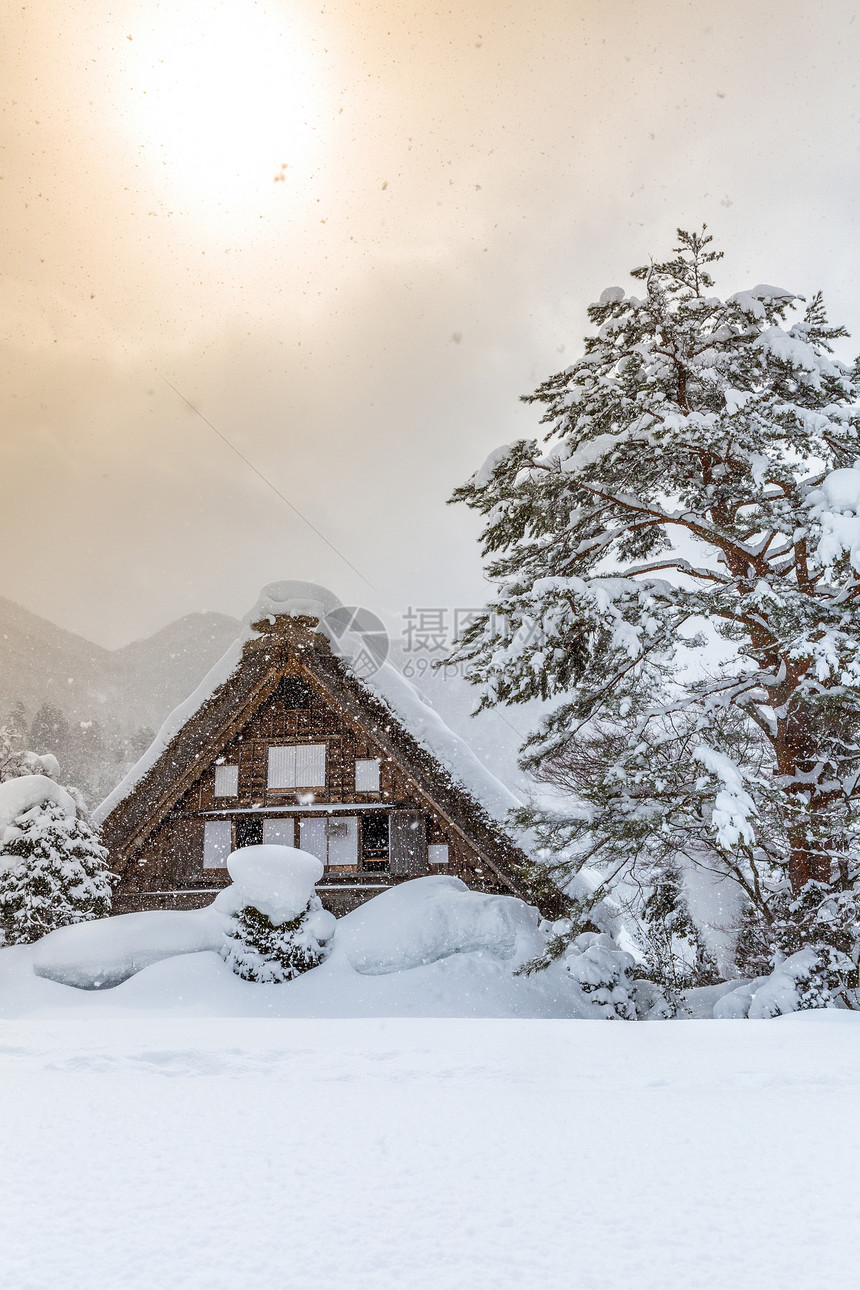 西拉卡瓦戈降雪冬季阳光,日本岐阜楚布图片