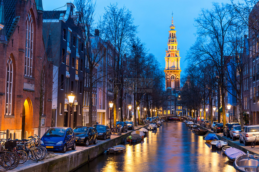 南教堂Zuiderkerk阿姆斯特丹运河黄昏的纳瑟兰图片