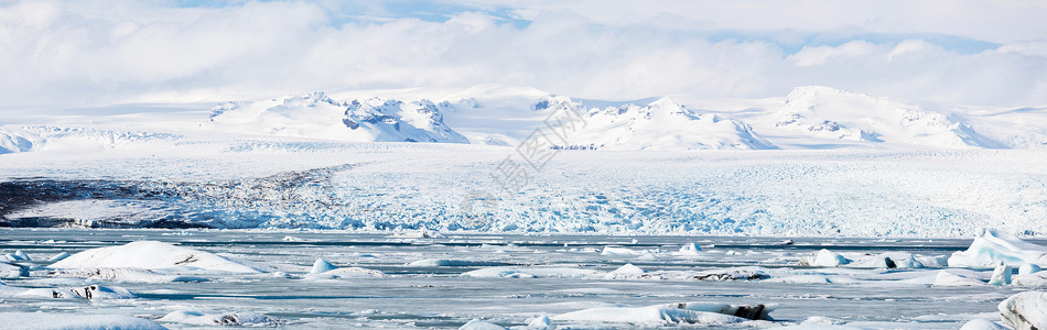 冰冻沙龙瓦纳霍科尔冰川全景Jokulsarlon泻湖冰岛背景