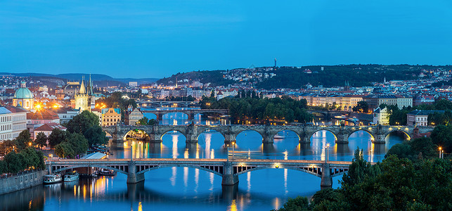 弗拉塔瓦黄昏时布拉格Vlta上桥梁的全景图背景