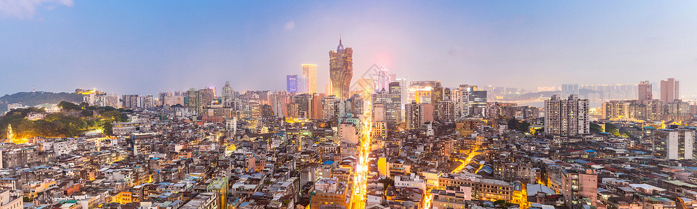 金光大道黄昏时澳门城市景观天际线莫考现中国的部分全景背景