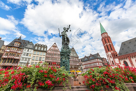 罗默伯格法兰克福老城朱斯蒂亚雕像德国背景