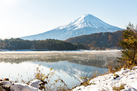 雪早晨枫树mt富士雪深秋KawaguchikoKawaguchi湖日本富士山背景