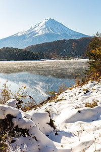 雪早晨枫树mt富士雪深秋KawaguchikoKawaguchi湖日本富士山背景