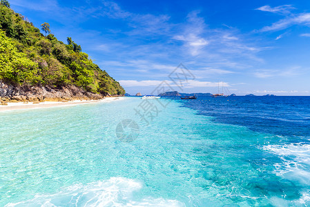 热带白沙滩Snoekel点快艇安达曼海印度洋,缅甸泰国图片