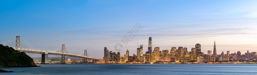 布埃纳斯旧金山市中心天际线黄昏宝岛,加利福尼亚,日落,美国全景旧金山市中心天际线背景