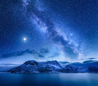 盖满水雪上明亮的银河覆盖着挪威冬天的山脉大海风景雪岩,星空,倒影水中,峡湾洛芬岛美丽的银河背景