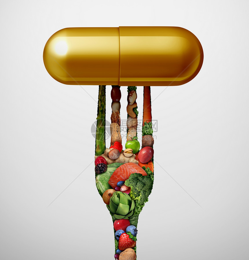 食物维生素补充剂种胶囊,个叉子形状的水果,蔬菜,坚果豆类,种营养药丸,用于健康治疗与三维插图元素图片