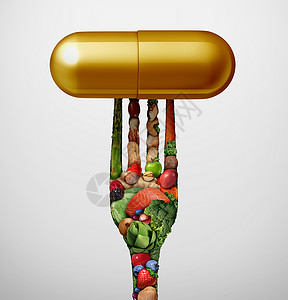 调解成形的食物维生素补充剂种胶囊,个叉子形状的水果,蔬菜,坚果豆类,种营养药丸,用于健康治疗与三维插图元素背景