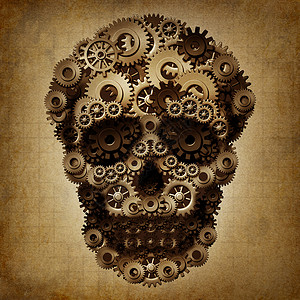 头骨齿轮嘎嘎齿轮,形状为蒸汽朋克蒸汽朋克死亡骨架,个老式技术危险符号三维插图背景图片