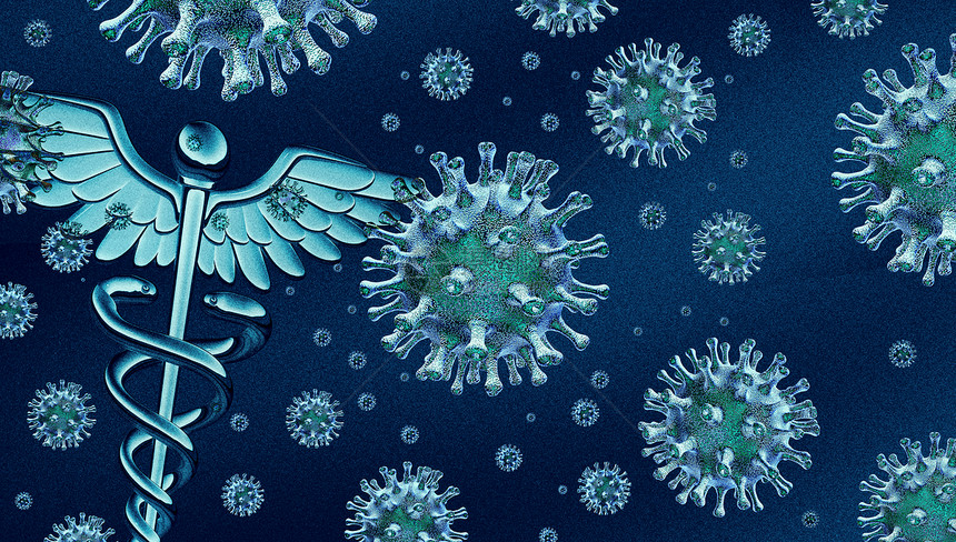 流感爆发流感大流行的医疗健康疾病细胞背景下的卡杜塞,三维插图图片
