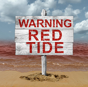 防止赤潮赤潮海滩警告标志危险的天然素海洋海洋个致命的天然藻类三维插图风格背景