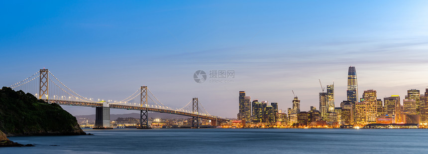 旧金山市中心天际线黄昏宝岛,加利福尼亚,日落,美国全景图片