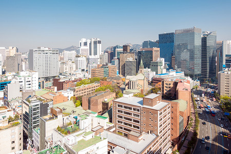 韩国首尔明东市中心城市景观的鸟瞰图背景图片