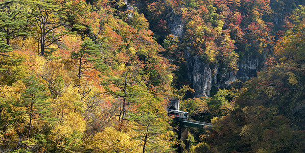 那鲁科峡谷山谷与火车铁路隧道宫城县东北日本全景图片