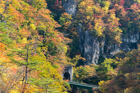 日本宫城县东北的纳鲁科峡谷山谷与铁路隧道高清图片